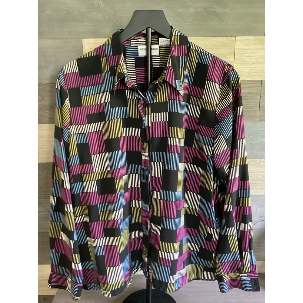 Vtg Alfred Dunner Women Top sz 14P Purple Geometric Button Up Long Sleeve